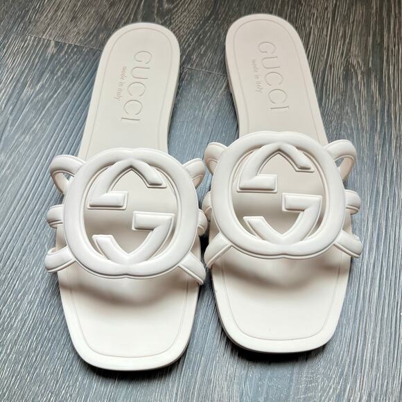 Gucci Interlocking G Slide Sandals Ivory Rubber Made in Italy Women’s SZ 10 - Picture 1 of 7